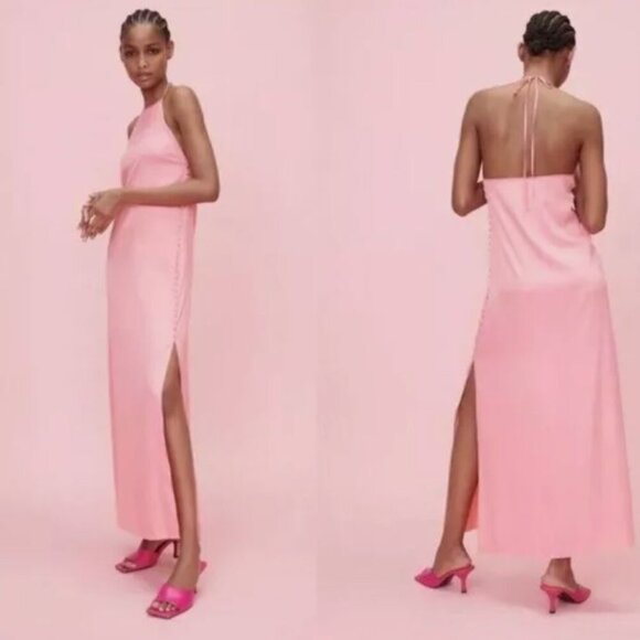 Zara Dresses & Skirts - ZARA SS21 LIGHT PINK SATIN EFFECT BUTTONED DRESS SIZE S 4886 421 644